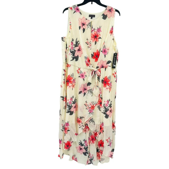Luxology Women's 3X Floral Midi Dress Sleeveless Keyhole Tie-Waist Lined NWT - Picture 2 of 13